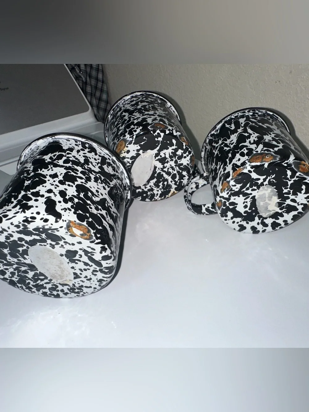 Lot of 3 Graniteware Speckled Black/White Enamel Mugs w/ Wear - Primitive